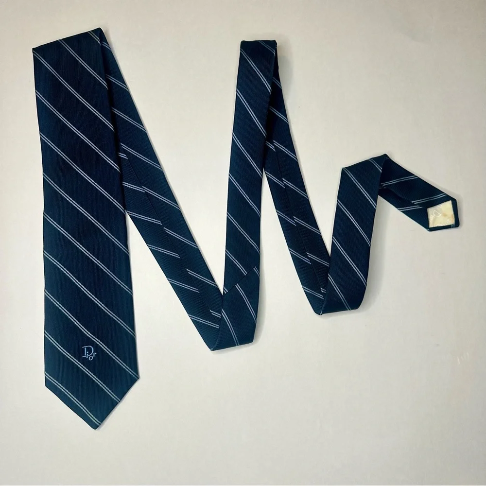 Vintage DIOR Embroidered Navy Blue Striped Classic Tie, 3”